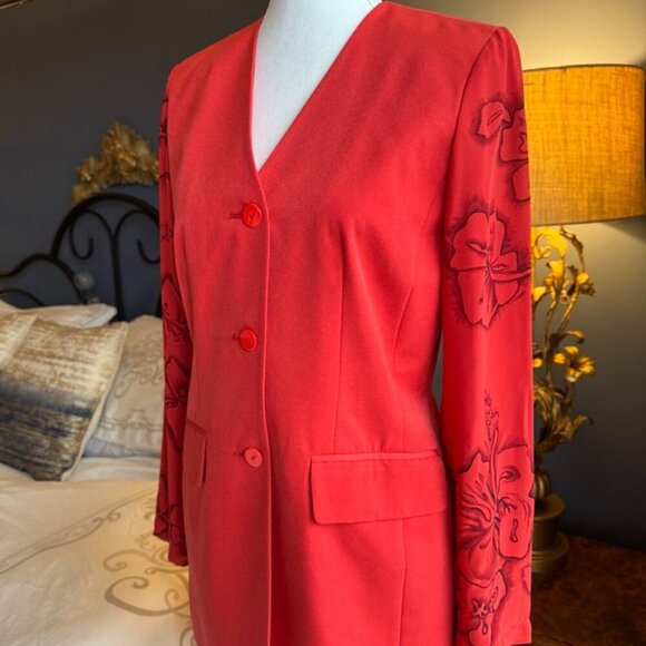 Red Hibiscus Floral Sleeve Skirt Suit NWOT - Picture 2 of 13